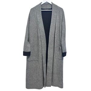 Tahari Long Open Front Cardigan Womens L Sweater Wool Blend Gray Black Pockets